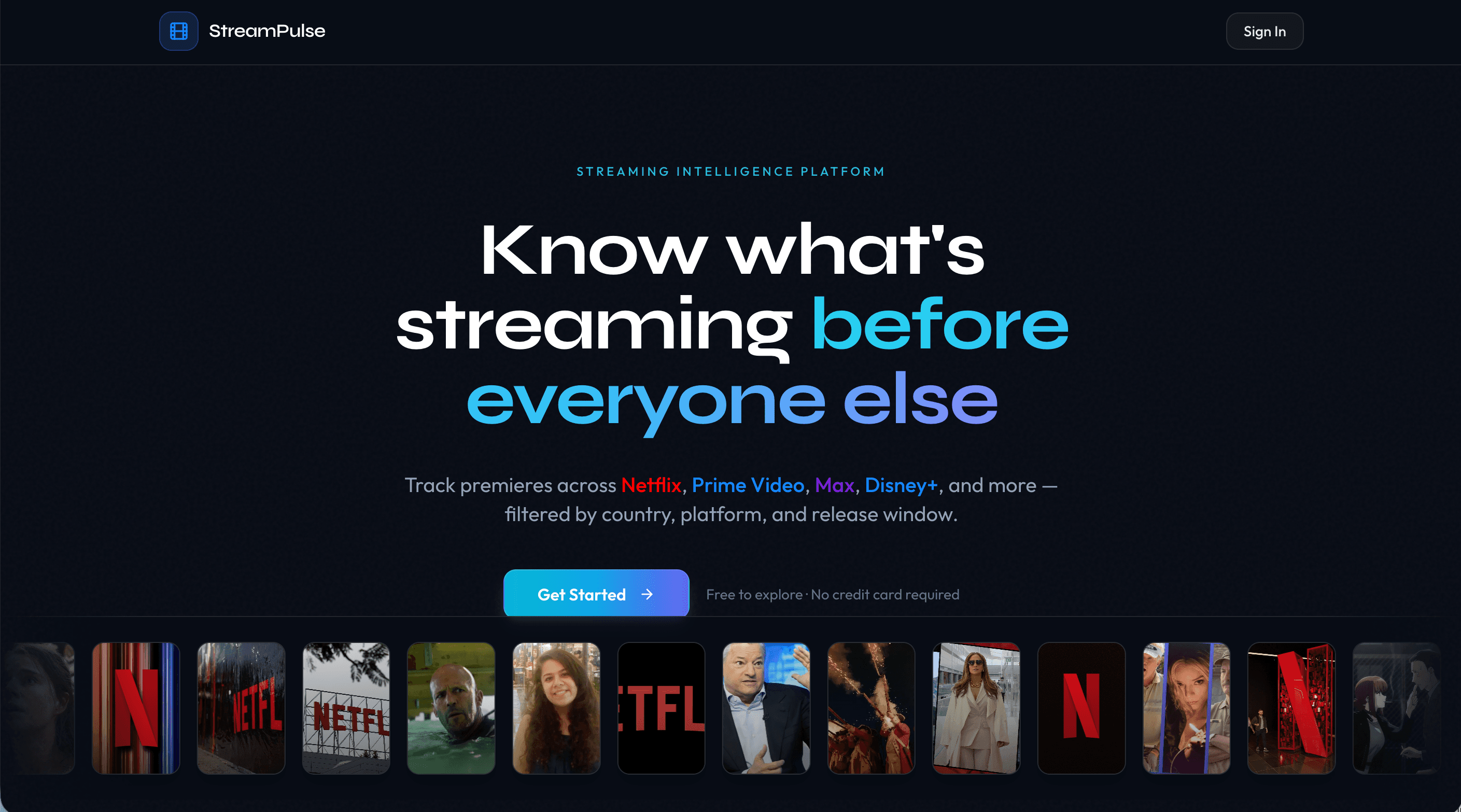 StreamPulse public landing page hero and streaming preview carousel