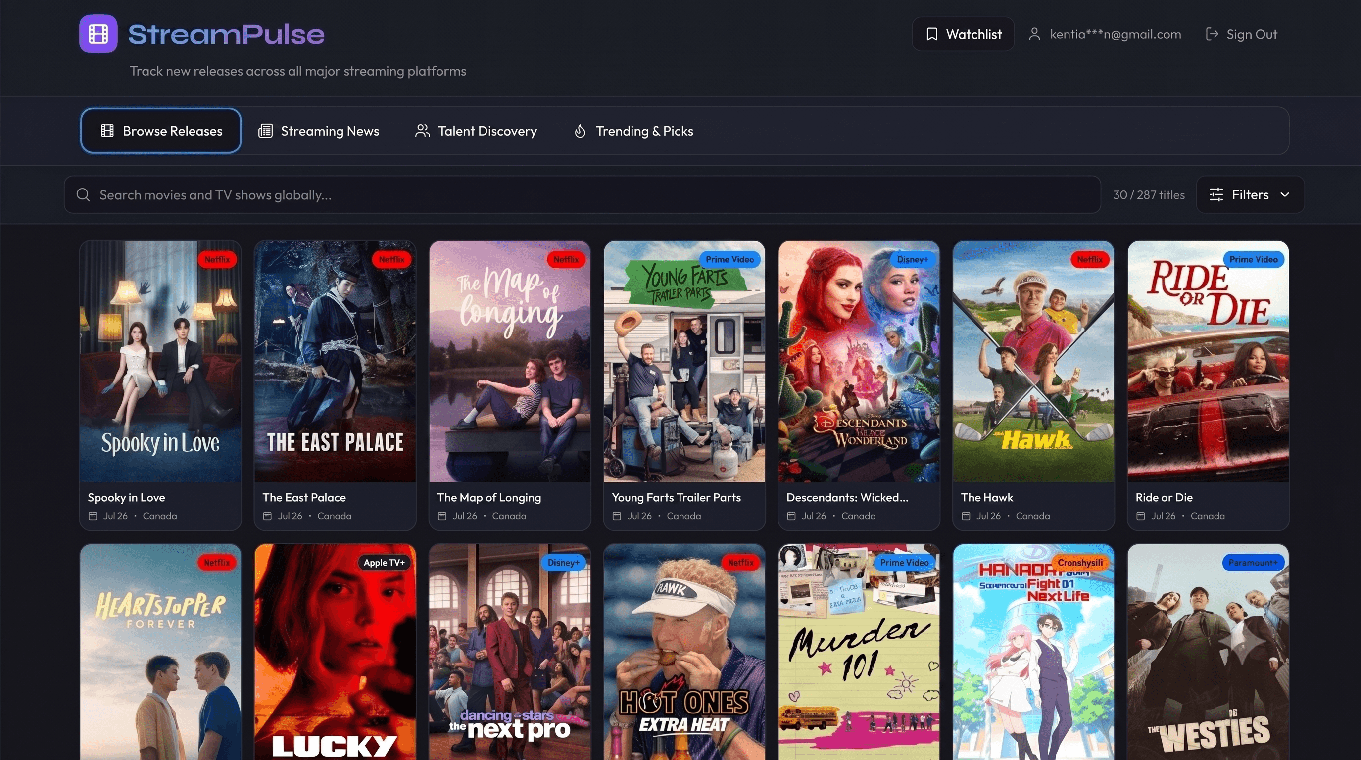 StreamPulse dashboard showing browse releases, filters, and media grid